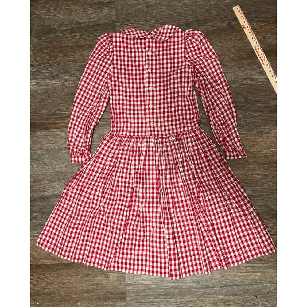 Handmade VTG Red Gingham Long Sleeve Dress Peter Pan Collar Drop Waist Bust: 34